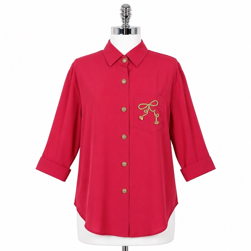 R&M Richards Vintage Blouse Red Gold Rope Accent Womens 6 Button Front Artsy Top